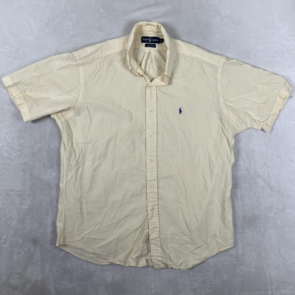 Ralph Lauren SeerSucker Shirt Mens L Yellow Striped Short Sleeve Button Front